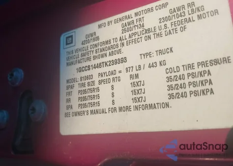 1996 Chevrolet S Truck S10 z USA, uszkodzony, nr VIN 1GCCS1446TK239393